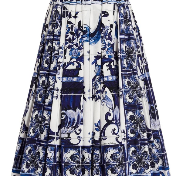 Dolce Gabbana Skirt + Crop Top Set Majolica Print & Pleated Poplin Midi Skirt - Picture 14 of 15